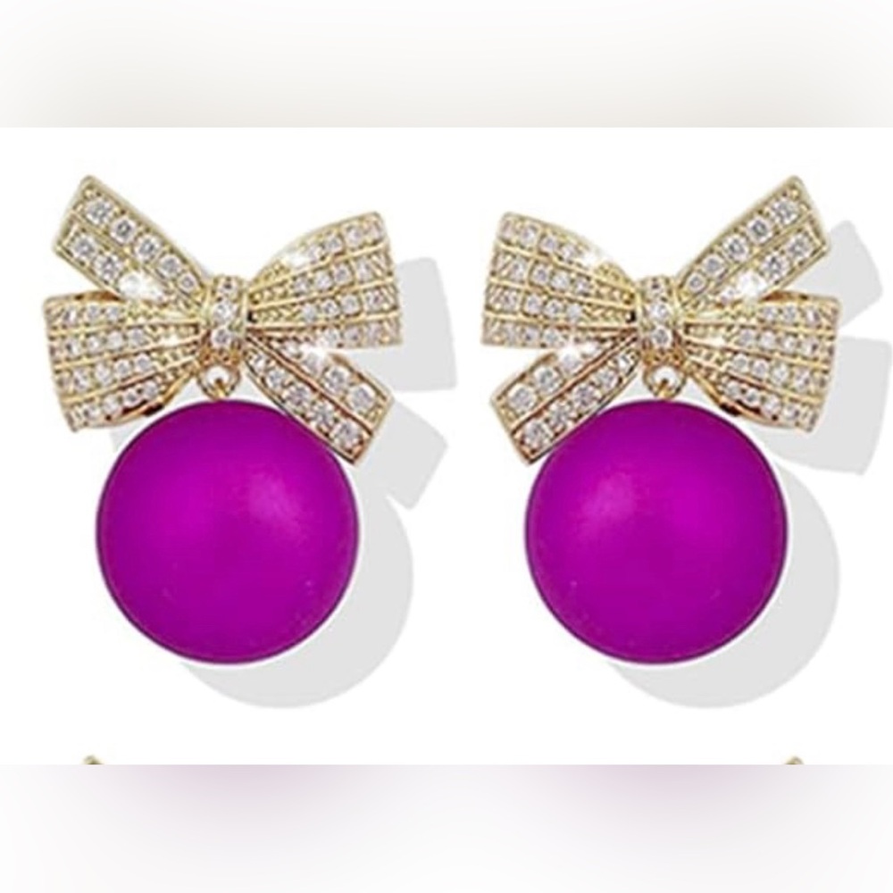 Gold Rhinestone Bow and Purple Pearl Earrings